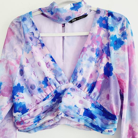 Zara Purple & Blue Floral Long Sleeve V-neck Top Choker Collar Size Large - Picture 8 of 10